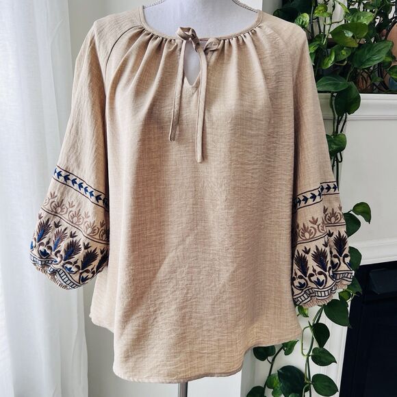 Olivia & Martin Earthy Boho Peasant Top Embroidered Prairie Style Blouse Plus 1X - Picture 1 of 8